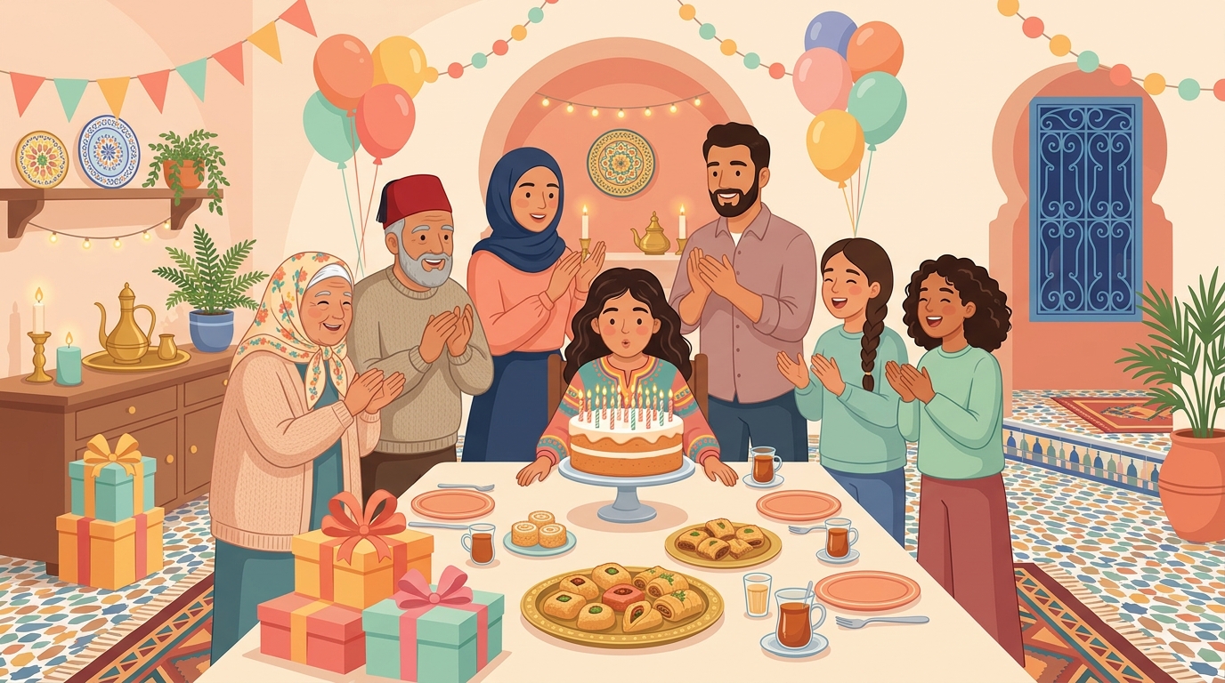 L'anniversaire de Nora en famille : gâteau aux bougies, cadeaux emballés, grands-parents, parents et amies qui applaudissent